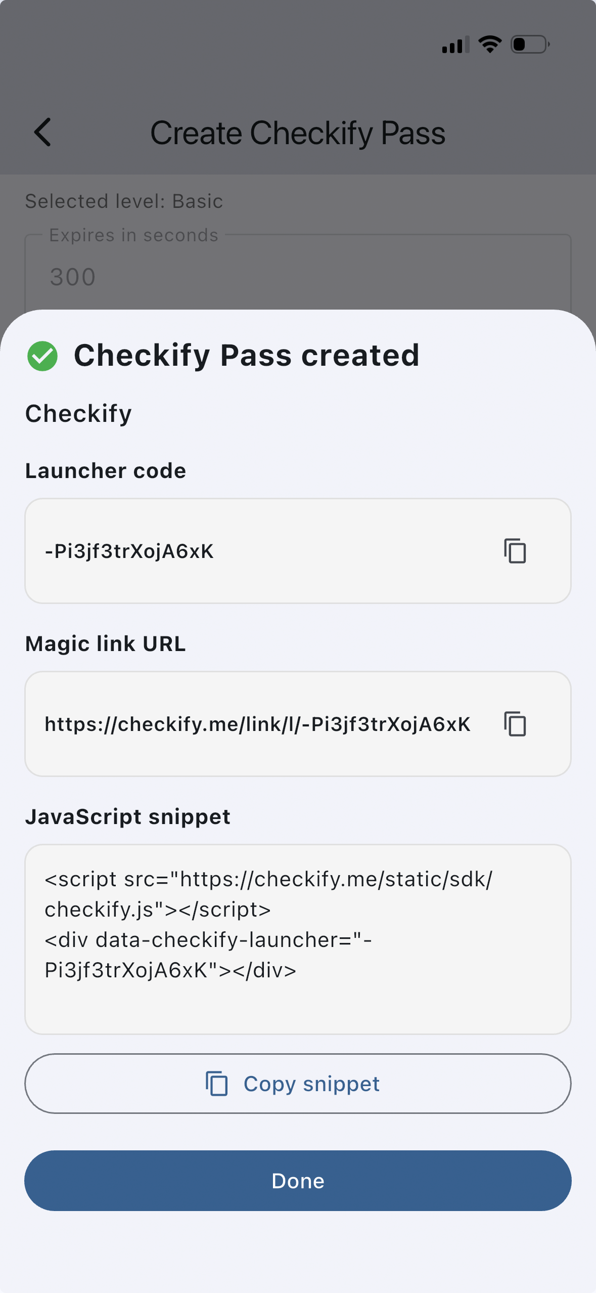 Checkify Pass shown to user