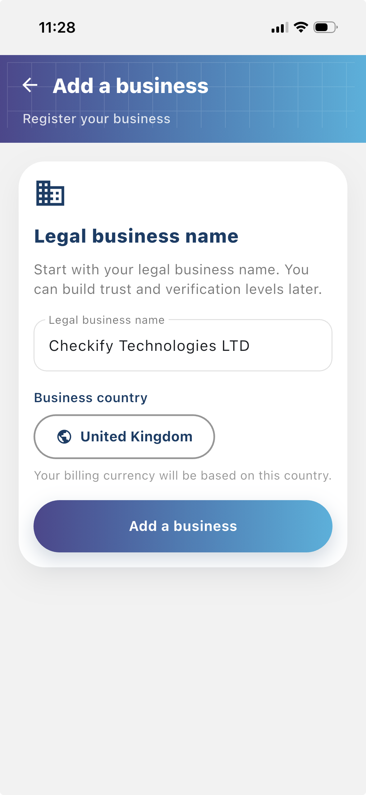 Confirm business setup in app