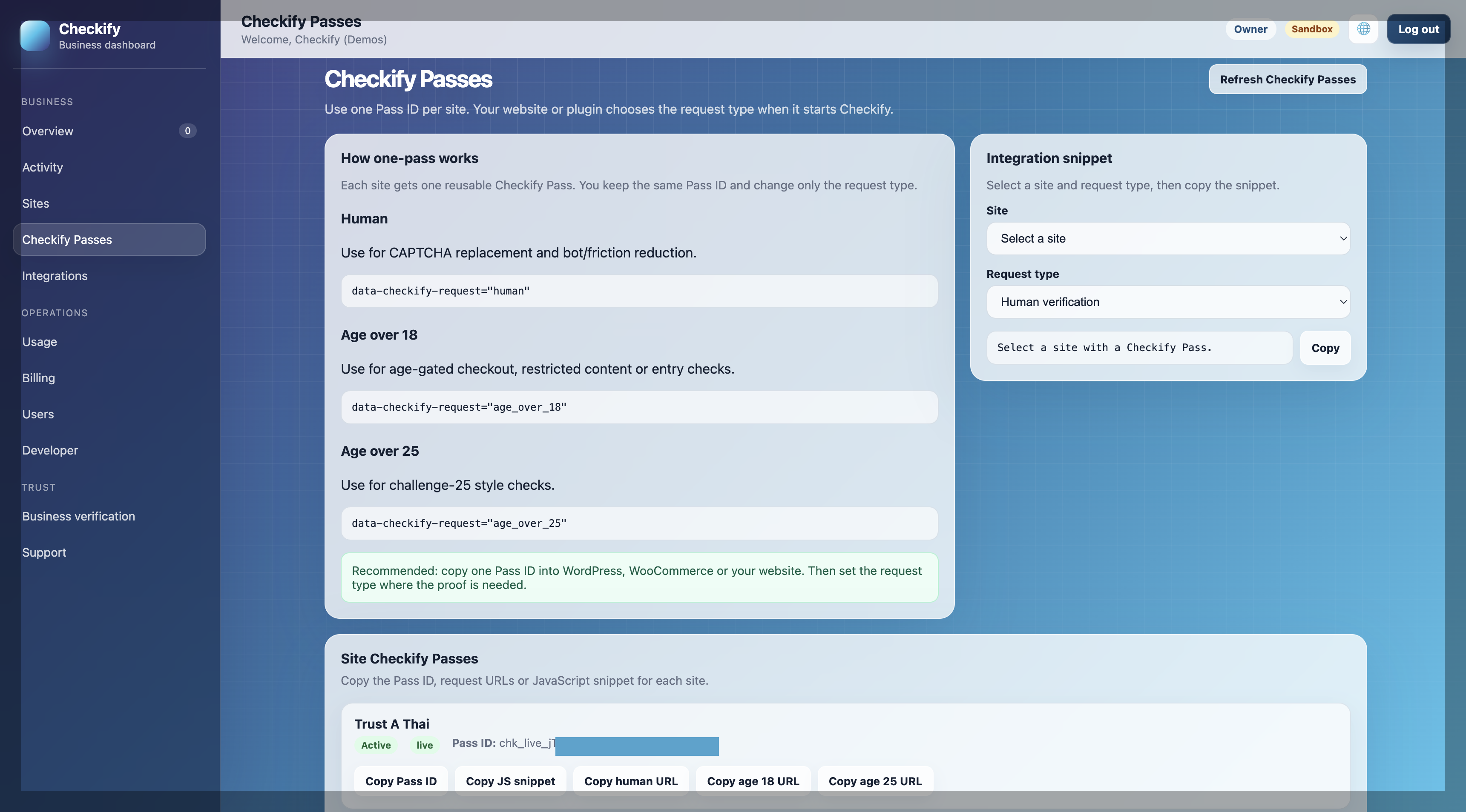 Copy Checkify Pass ID from dashboard
