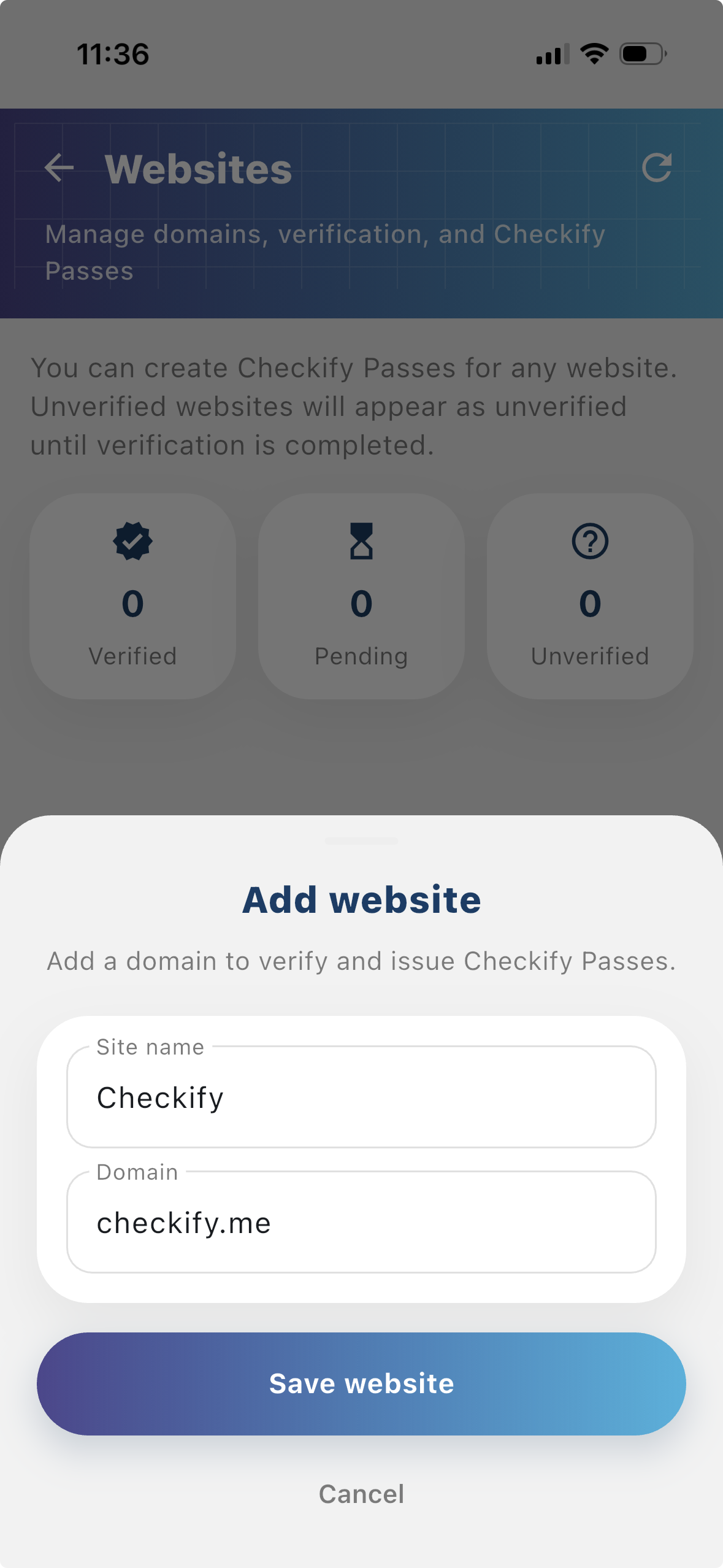 Add website in business dashboard