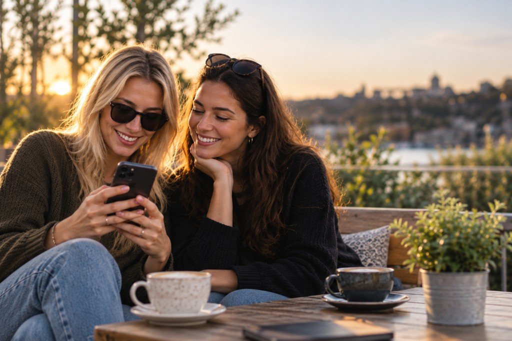 Two people using a phone together
